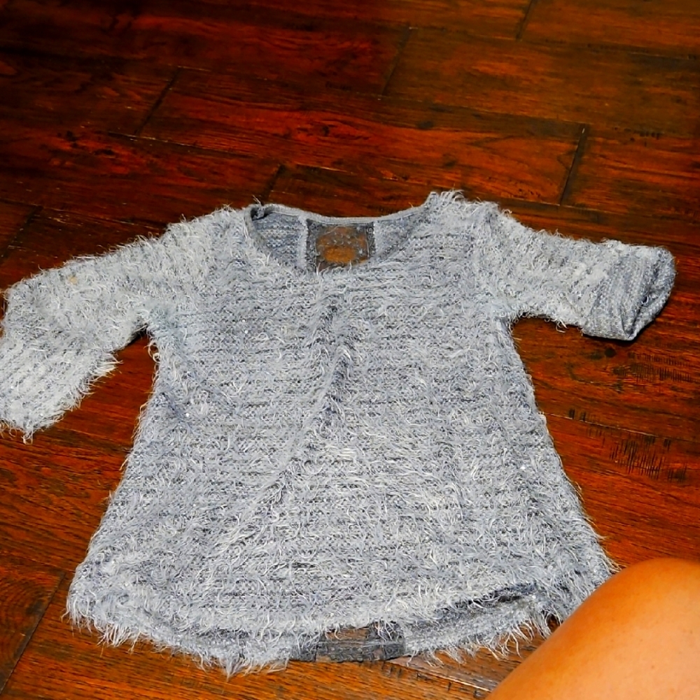 Gray Fluffy Soft Sequin Lace-back Knit Sweater Sz L ✨️5/$30